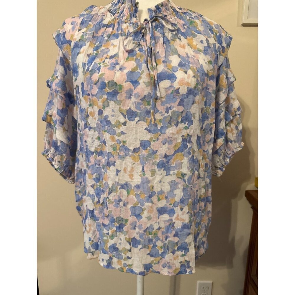 Zac & Rachel Women's Blue Floral Boho Cottage Core Tiered Short Sleeves XL